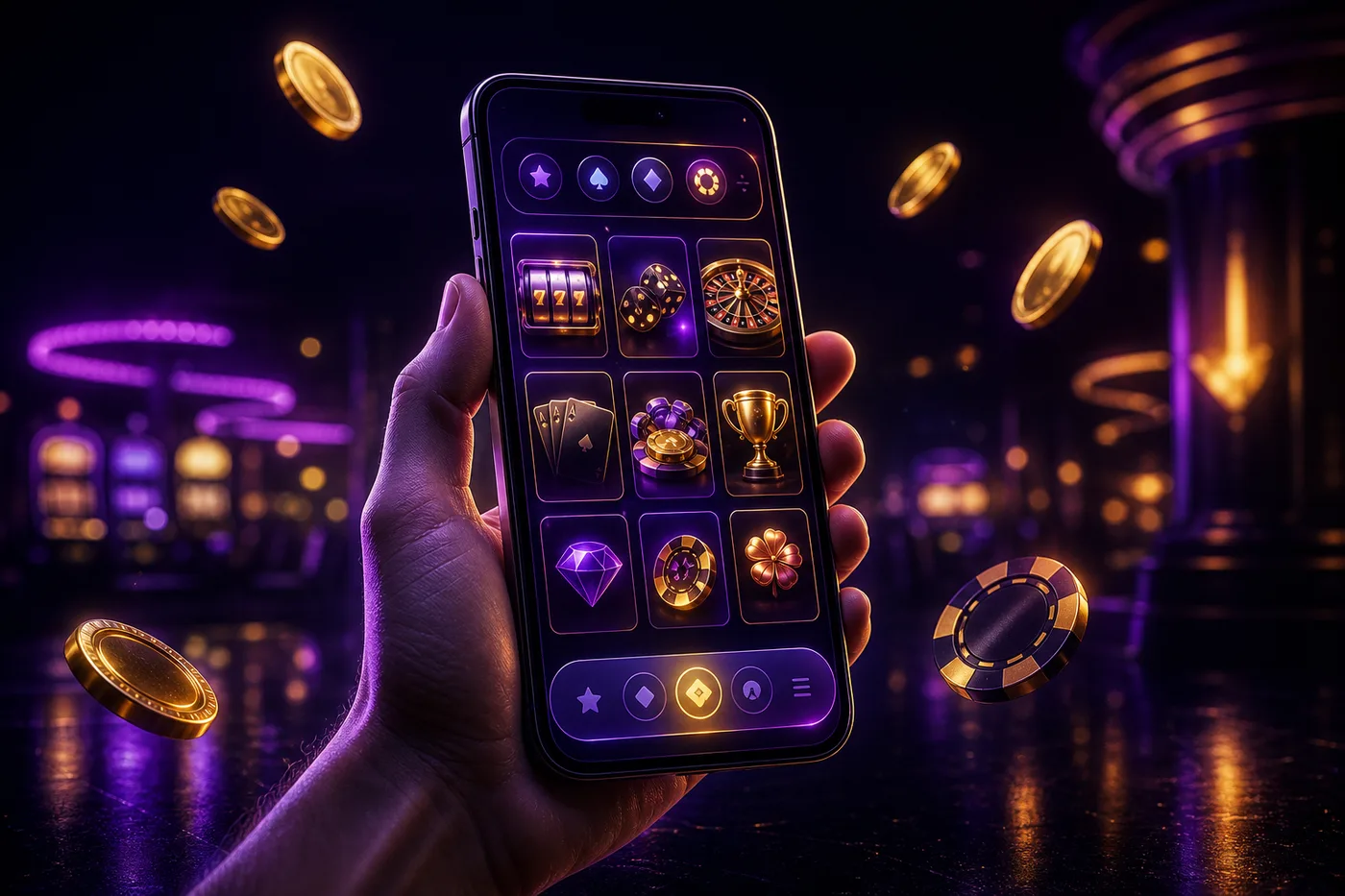 Bizzo Casino aplikacija odprta na pametnem telefonu z mobilnim lobijem iger