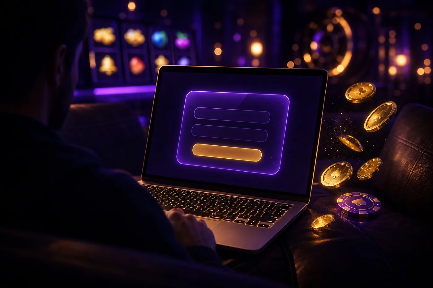 Igralec se prijavlja v Bizzo Casino račun na prenosniku